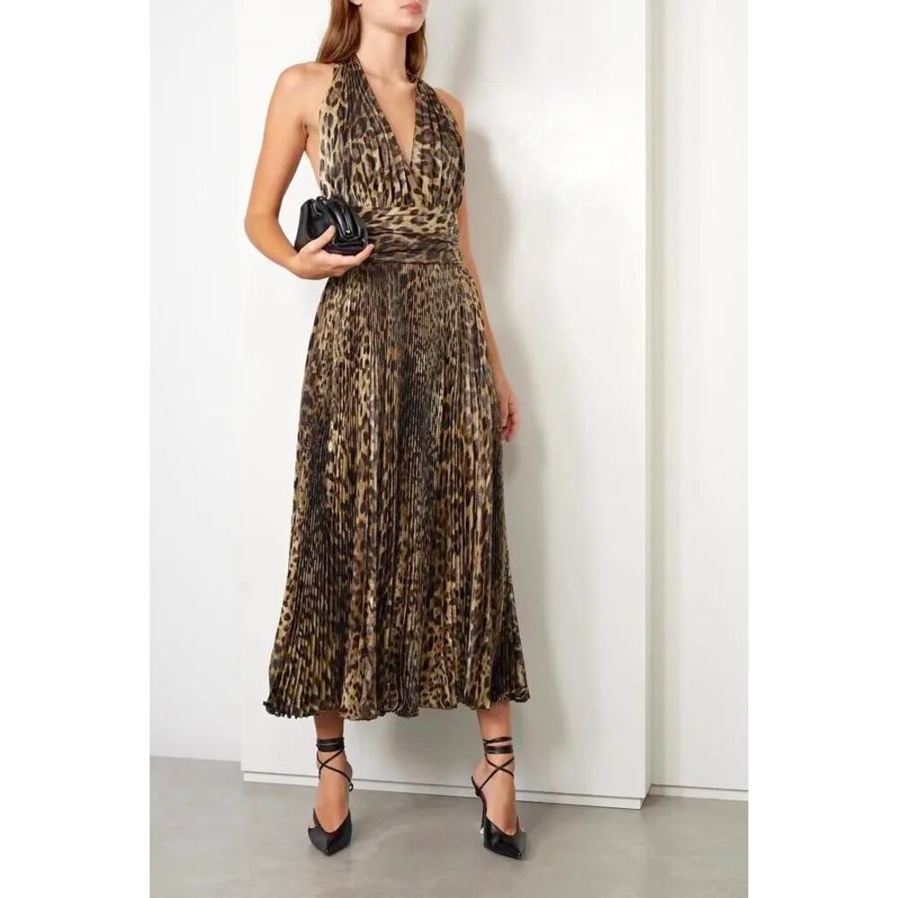 NWT Dolce & Gabbana Leopard Print Halter Neck Pleated Midi Dress S 40